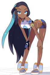 Rule 34 | 1girl, armlet, bare shoulders, belly chain, bent over, bikini, black hair, blue eyes, blue gloves, blue hair, blush, breasts, chromatic aberration, commentary, creatures (company), dark-skinned female, dark skin, earrings, etyaduke, full body, game freak, gloves, grid, gym leader, hands on own knees, highres, hoop earrings, jewelry, leaning forward, long hair, long legs, looking at viewer, medium breasts, multicolored hair, necklace, nessa (pokemon), nintendo, pendant, pigeon-toed, pokemon, pokemon swsh, sandals, shiny skin, simple background, single glove, skinny, solo, standing, swimsuit, tankini, toes, two-tone hair, very long hair, white background