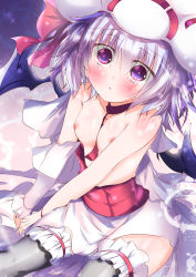 Rule 34 | 1girl, bat wings, blue hair, blush, breasts, corset, grey thighhighs, hat, highres, looking at viewer, nagii yuki, nipples, open clothes, open shirt, purple eyes, remilia scarlet, shirt, silver hair, sitting, skirt, small breasts, solo, soulhunter en, thighhighs, topless, touhou, v arms, wings, zettai ryouiki
