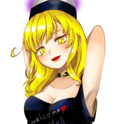 Rule 34 | 1girl, armpits, arms behind back, arms up, bare shoulders, black choker, black headwear, black shirt, blonde hair, blush, breasts, choker, clothes writing, collarbone, hair between eyes, hands up, heart, heart print, hecatia lapislazuli, hecatia lapislazuli (moon), looking down, medium breasts, medium hair, moon (ornament), open mouth, shirt, simple background, sleeveless, sleeveless shirt, smile, solo, t-shirt, touhou, upper body, user crva8324, white background, yellow eyes