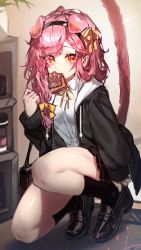 Rule 34 | 1girl, animal ears, arknights, black footwear, black hairband, black jacket, black skirt, black socks, blush, braid, bread slice, cat ears, cat girl, cat tail, collared shirt, drawstring, food, food in mouth, full body, goldenglow (arknights), hair ribbon, hairband, highres, indoors, jacket, kneehighs, loafers, long hair, long sleeves, looking at viewer, miniskirt, mouth hold, neck ribbon, on one knee, open clothes, open shirt, orange eyes, pink hair, plaid, plaid skirt, pleated skirt, ribbon, ribiadan, shirt, shoes, side braid, signature, skirt, sleeves past wrists, socks, solo, tail, toast, toast in mouth, white shirt, yellow ribbon