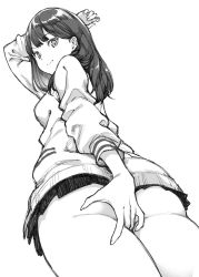 Rule 34 | 10s, 1girl, ass, black hair, black skirt, breasts, closed mouth, from below, greyscale, gridman universe, hand on own ass, hand up, hip focus, long hair, long sleeves, looking back, monochrome, mushi024, pleated skirt, school uniform, simple background, skirt, small breasts, smile, solo, ssss.gridman, sweater, swept bangs, takarada rikka, thick thighs, thighs, white background, white sweater