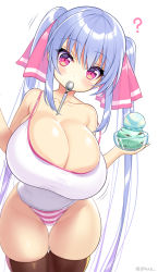 Rule 34 | 1girl, ?, bare shoulders, black thighhighs, blue hair, breasts, camisole, cleavage, collarbone, contrapposto, cowboy shot, curvy, food, highleg, highleg panties, highres, huge breasts, ice cream, long hair, looking at viewer, oppai loli, original, panties, purple eyes, riko (shuz), shirt, shuz (dodidu), simple background, skindentation, solo, spoon, strap gap, strap slip, striped clothes, striped panties, thigh gap, thighhighs, twintails, twitter username, underwear, utensil in mouth, very long hair, white shirt, wide hips