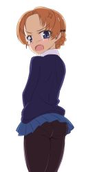 Rule 34 | 1girl, anger vein, ass, blue eyes, braid, cro, from behind, girls und panzer, looking at viewer, looking back, miniskirt, open mouth, orange hair, orange pekoe (girls und panzer), pantyhose, school uniform, skirt, solo, st. gloriana&#039;s school uniform, white background