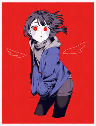 Rule 34 | 1girl, ake blood, black pantyhose, blood, blood on clothes, blue hoodie, border, chara (undertale), commentary, drawn wings, english commentary, facial mark, hands in pockets, highres, hood, hoodie, limited palette, open mouth, pantyhose, red background, short hair, shorts, signature, solo, sweater, torn clothes, torn hoodie, turtleneck, turtleneck sweater, undertale, white border