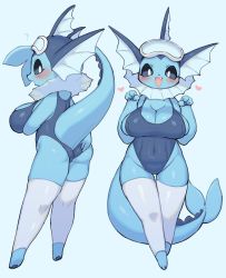 Rule 34 | 1girl, bad id, bad pixiv id, blue eyes, blush, breasts, colored sclera, covered navel, creatures (company), fang, furry, furry female, game freak, gen 1 pokemon, goggles, goggles on head, highres, large breasts, nintendo, pokemon, pokemon (creature), rikose, school swimsuit, smile, swimsuit, thighhighs, vaporeon