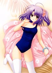 Rule 34 | 00s, 1girl, absurdres, bracelet, breasts, covered erect nipples, daisy (shuffle!), flower, flower on head, hair flower, hair ornament, highres, jewelry, legs, lying, nishimata aoi, one-piece swimsuit, pillow, pointy ears, purple eyes, purple hair, school uniform, shuffle!, shuffle! essence+, small breasts, swimsuit, thighhighs, white thighhighs