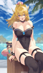 Rule 34 | 1boy, 1girl, armlet, black leotard, black thighhighs, blonde hair, blue eyes, blue gemstone, blue sky, blush, bowsette, bracelet, breasts, cleavage, cloud, cloudy sky, collar, commentary, covered navel, crate, cup, day, drink, drinking straw, fangs, feet out of frame, gem, hair between eyes, highleg, highleg leotard, highres, holding, holding cup, horns, innertube, jewelry, large breasts, leotard, long hair, looking at viewer, mario, mario (series), murata tefu, new super mario bros. u deluxe, nintendo, ocean, open mouth, outdoors, palm tree, pointy ears, ponytail, scowl, sitting, skindentation, sky, solo focus, sparkle, spiked armlet, spiked bracelet, spiked collar, spikes, sunglasses, super crown, sweat, swim ring, thick eyebrows, thigh strap, thighhighs, tree, twitter username, v-shaped eyebrows