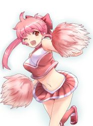 Rule 34 | 1girl, ;), bad id, bad pixiv id, bow, breasts, cheerleader, fang, happy, knucklecurve, large breasts, looking at viewer, midriff, one eye closed, open mouth, pink hair, pom pom (cheerleading), simple background, smile, solo, wink