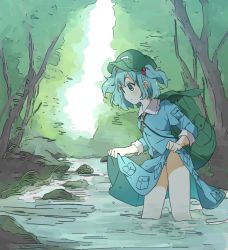 Rule 34 | 1girl, backpack, bag, blue eyes, blue hair, blue shirt, blue skirt, closed mouth, clothes lift, flat cap, green hat, hair bobbles, hair ornament, hat, highres, kawashiro nitori, lifted by self, outdoors, panties, partially submerged, pocket, river, sasaki sakiko, shirt, short hair, skirt, skirt lift, solo, standing, striped clothes, striped panties, touhou, tree, two side up, underwear