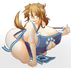 Rule 34 | 1girl, animal ears, apron, blush, breasts, brown hair, cleavage, cleavage cutout, clothing cutout, collarbone, dog ears, dog tail, fang, female focus, gigantic breasts, gradient background, kneeling, lass (ego trigger), long hair, matsu-sensei, naked apron, no bra, no panties, open mouth, original, simple background, solo, tail, yellow eyes