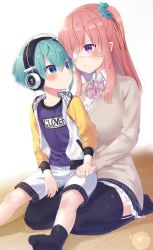 Rule 34 | 1boy, 1girl, age difference, black thighhighs, blue eyes, blush, bow, bowtie, child, eyepatch, headphones, highres, jacket, nei (os), on ground, on lap, original, os (os fresa), pink hair, pointy ears, purple eyes, scrunchie, seiza, shorts, sitting, sitting on person, souta (os), striped neckwear, thighhighs