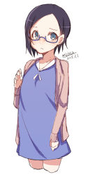 Rule 34 | 1girl, :o, black hair, blue dress, blue eyes, blush, brown jacket, collarbone, cowboy shot, dated, dress, forehead, jacket, long sleeves, looking at viewer, maze (gochama ze gohan), open clothes, open jacket, original, parted bangs, parted lips, short dress, signature, simple background, sketch, solo, white background