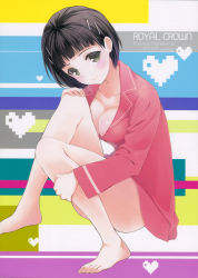 Rule 34 | 10s, 1girl, :&gt;, bare legs, barefoot, black hair, blush, breasts, cleavage, collarbone, cover, cover page, feet, green eyes, hair ornament, hairclip, head tilt, highres, kirigaya suguha, kisaragi mizu, knees to chest, knees to chest, hugging own legs, light smile, naked shirt, pajamas, scan, shirt, short hair, sitting, smile, solo, sword art online, toes