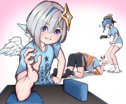 Rule 34 | 3girls, amane kanata, angel wings, arm wrestling, artist request, blue eyes, blue hair, colored inner hair, elbows on table, gradient wings, highres, hololive, horns, hoshimachi suisei, kiryu coco, long hair, multicolored hair, multicolored wings, multiple girls, orange hair, pp tenshi t-shirt, reaching, reaching towards viewer, source request, table, virtual youtuber, wings