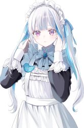 Rule 34 | 1girl, absurdres, apron, black dress, blue gemstone, blue hair, blunt bangs, blush, bow, dress, frilled apron, frilled headband, frills, gem, hashtag-only commentary, headband, highres, jewelry, lize helesta, lize helesta (9th costume), long hair, looking at viewer, maid apron, maid headdress, misumi (macaroni), multicolored hair, nijisanji, official alternate costume, official alternate hairstyle, parted lips, pendant, purple eyes, sidelocks, simple background, solo, streaked hair, twintails, virtual youtuber, white apron, white background, white bow, white hair, white headband, wrist cuffs