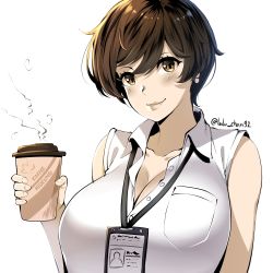 Rule 34 | 1girl, absurdres, badge, bare shoulders, blush, borrowed character, breasts, brown eyes, brown hair, buttons, cleavage, closed mouth, coffee cup, collared shirt, commentary, cup, disposable cup, english commentary, highres, holding, holding cup, id card, lanyard, large breasts, light smile, looking at viewer, lulu-chan92, name tag, office lady, olive laurentia, original, partially unbuttoned, pixie cut, shirt, short hair, simple background, sleeveless, sleeveless shirt, smile, solo, steam, twitter username, upper body, white background, white shirt