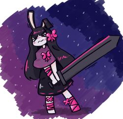 Rule 34 | 1girl, absurdres, animal ears, black dress, blunt bangs, blush, bow, capelet, closed eyes, closed mouth, commentary, dress, english commentary, full body, greatsword, hair bow, heavy, heavyblade rabbit, highres, holding, holding sword, holding weapon, huge weapon, leg wrap, long hair, medium bangs, minimasa, pink bow, purple capelet, rabbit and steel, rabbit ears, rabbit girl, ribbon-trimmed dress, solo, struggling, sword, wavy mouth, weapon