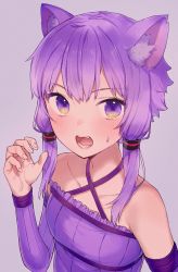 Rule 34 | 1girl, ai kusunoki, animal ears, bare shoulders, cat ears, collarbone, commentary, criss-cross halter, detached sleeves, dress, halterneck, hand up, highres, kemonomimi mode, looking at viewer, open mouth, paw pose, purple background, purple dress, purple eyes, purple hair, purple sleeves, purple theme, solo, sweat, upper body, vocaloid, voiceroid, yuzuki yukari