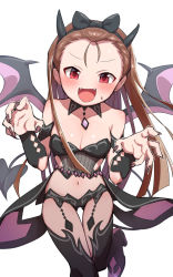 Rule 34 | 1girl, :d, black bow, black thighhighs, blush, bow, breasts, cleavage, demon tail, demon wings, dot nose, fangs, fingernails, gluteal fold, hair bow, hairband, highres, konboi-eg, long fingernails, looking at viewer, minase iori, navel, open mouth, red eyes, simple background, smile, solo, standing, standing on one leg, sweat, tail, thigh gap, thighhighs, white background, wings