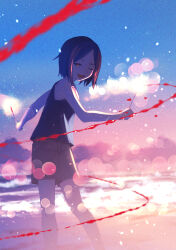 Rule 34 | 1girl, absurdres, beach, black eyes, black hair, blue shirt, blurry, bokeh, brown shorts, commentary, depth of field, fireworks, highres, holding, holding fireworks, inami hatoko, ocean, one eye closed, open mouth, original, outdoors, shirt, short hair, shorts, sleeveless, sleeveless shirt, solo, sparkle, teeth, upper teeth only