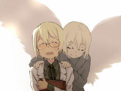 Rule 34 | 2girls, angel wings, blonde hair, closed eyes, crying, erica hartmann, glasses, hand on another&#039;s shoulder, lab coat, military, military uniform, multiple girls, ribbon, sad, short hair, siblings, sisters, sobbing, strike witches, strike witches: suomus misfits squadron, tears, twins, uniform, uno ichi, ursula hartmann, wings, world witches series