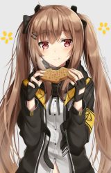 Rule 34 | 1girl, black ribbon, blush, breasts, brown hair, eating, fingerless gloves, food, girls&#039; frontline, gloves, hair between eyes, hair ornament, hair ribbon, hairclip, highres, holding, jacket, long hair, long sleeves, looking at viewer, open clothes, open jacket, red eyes, ribbon, scar, scar across eye, scar on face, scarf, shirt, sidelocks, smile, solo, superpig, taiyaki, twintails, ump9 (girls&#039; frontline), untucked shirt, wagashi, white shirt