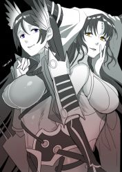 Rule 34 | 2girls, armor, artist name, back-to-back, blue eyes, bodysuit, breasts, facial mark, fate/grand order, fate (series), forehead mark, from side, greyscale, horns, japanese armor, kote, large breasts, long hair, looking at viewer, minamoto no raikou (fate), monochrome, multiple girls, open mouth, sentaku nori, sessyoin kiara, smile, spot color, suneate, veil, yellow eyes