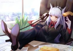 Rule 34 | 1girl, artist name, black footwear, black hairband, black jacket, black necktie, black pants, blunt bangs, cityscape, closed mouth, collared shirt, commentary request, corded phone, day, demon girl, demon horns, faicha, food, fork, formal, full body, gloves, hairband, helltaker, high heels, holding, holding fork, holding phone, horns, indoors, jacket, legs on table, long hair, long sleeves, lucifer (helltaker), mole, mole under eye, necktie, pancake, pant suit, pants, paper, phone, plant, potted plant, red eyes, red shirt, shirt, shoe soles, silver hair, solo, spiked hairband, spikes, suit, table, very long hair, white gloves, window, wing collar