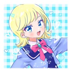 Rule 34 | 1girl, :d, blonde hair, blue background, blue eyes, blue jacket, border, chii (chi pppuri), collared shirt, commentary request, cropped jacket, highres, himitsu no aipri, hoshikawa mitsuki, jacket, long sleeves, looking at viewer, neck ribbon, open mouth, pink ribbon, pretty series, ribbon, school uniform, shirt, short hair, smile, solo, upper body, white border, white shirt