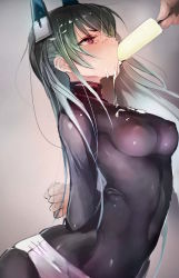 Rule 34 | 1girl, arms behind back, blush, bodysuit, breasts, clenched hand, commentary request, covered erect nipples, covered navel, dripping, eating, fellatio, food, from side, full mouth, gradient background, green hair, grey background, headgear, highres, holding, holding food, long hair, makizushi, medium breasts, melting, menou kaname (taishi), nose blush, oral, original, pink eyes, popsicle, profile, setsubun, sexually suggestive, short shorts, shorts, silhouette, simple background, simulated fellatio, skin tight, solo focus, spilling, suggestive fluid, sushi, taishi (picchiridou), tears, tsurime, very long hair