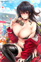 Rule 34 | 1girl, azur lane, bare shoulders, bikini, bikini pull, black bikini, black choker, black hair, black thighhighs, blush, breasts, choker, cleavage, clothes pull, collarbone, unworn eyewear, hair between eyes, holding, holding removed eyewear, jacket, large breasts, long hair, looking at viewer, navel, off-shoulder jacket, off shoulder, official alternate costume, outdoors, race queen, red eyes, red jacket, rei kun, signature, skindentation, solo, sunglasses, swimsuit, taihou (azur lane), taihou (enraptured companion) (azur lane), thighhighs