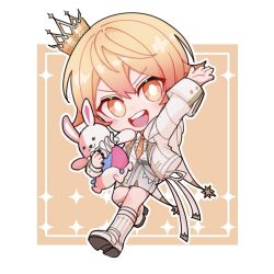 Rule 34 | 1boy, arm up, belt, black nails, blonde hair, border, bright pupils, brown coat, buttoned cuffs, buttons, chibi, coat, colored shoe soles, commentary, crown, double-parted bangs, full body, gradient hair, grey belt, grey shorts, highres, holding, holding stuffed toy, inset border, lapels, legs apart, long sleeves, looking at viewer, male focus, mini crown, multicolored coat, multicolored hair, necktie, notched lapels, open mouth, orange background, orange eyes, orange hair, orange necktie, outline, outside border, print coat, print socks, project sekai, raionn1008, shirt, shoes, short hair, shorts, smile, socks, solo, stuffed toy, symbol-only commentary, teeth, tenma tsukasa, upper teeth only, walking, white background, white border, white coat, white footwear, white outline, white pupils, white shirt, white socks