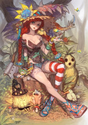 Rule 34 | 1girl, axe, bare shoulders, bird, blue eyes, blue nails, braid, breasts, carnivorous plant, cleavage, feet, fingerless gloves, flower, gloves, hat, highres, lantern, large breasts, legs, long hair, nail polish, open shoes, original, platform footwear, racoona, red hair, sandals, shorts, sitting, solo, striped clothes, striped thighhighs, thighhighs, toenail polish, toenails, torn clothes, tree stump, twin braids, weapon