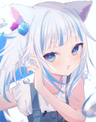 Rule 34 | 1girl, animal ears, blue eyes, blue hair, blush, cat ears, commentary, cube hair ornament, gawr gura, gawr gura (casual), grey hair, hair ornament, highres, hololive, hololive english, multicolored hair, official alternate costume, okomeillust, open mouth, sharp teeth, side ponytail, streaked hair, teeth, upper body, virtual youtuber