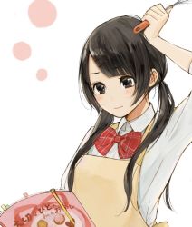Rule 34 | 1girl, apron, black eyes, black hair, blunt bangs, blush, book, bow, bowtie, closed mouth, collared shirt, commentary request, hair ornament, hairclip, hairpin, hand up, holding, holding book, multiple hairpins, original, reading, recipe, red bow, red bowtie, sako (35s 00), school uniform, shirt, solo, upper body, white background, wing collar