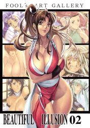 Rule 34 | 6+girls, :p, animal hands, artbook, breasts, breasts squeezed together, brown eyes, brown hair, cammy white, capcom, cover, cover page, crossed arms, fatal fury, felicia (vampire), homare (fool&#039;s art), huge breasts, iroha (samurai spirits), long hair, morrigan aensland, multiple girls, nipples, pelvic curtain, ponytail, revealing clothes, rope, samurai spirits, shermie (kof), shiranui mai, snk, street fighter, the king of fighters, thighs, tongue, tongue out, topless, vampire (game)