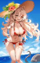 Rule 34 | + +, 1girl, :d, ahoge, bare shoulders, bikini, blue archive, breasts, brown eyes, brown hat, cleavage, flower, front-tie bikini top, front-tie top, hair ornament, hairclip, halterneck, hand on own thigh, hat, hat flower, highres, horns, hyoin, izumi (blue archive), izumi (swimsuit) (blue archive), large breasts, long hair, looking at viewer, mole, mole on thigh, navel, o-ring, o-ring bikini, octopus, open mouth, red bikini, scrunchie, side-tie bikini bottom, smile, solo, standing, stomach, straw hat, string bikini, swimsuit, thigh gap, wet, white hair, wrist scrunchie, wristband