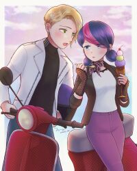 Rule 34 | 1boy, 1girl, adrien agreste, black gloves, black jacket, black shirt, blazer, blonde hair, blue eyes, blue hair, blue pants, blush, catnoir love, cloud, cloudy sky, food, gloves, green eyes, highres, holding, holding spoon, ice cream, jacket, looking at another, marinette dupain-cheng, miraculous ladybug, motor vehicle, motorcycle, open clothes, open jacket, open mouth, pants, pink pants, scooter, shirt, short hair, short twintails, sky, spoon, twintails, vespa, white jacket, white shirt