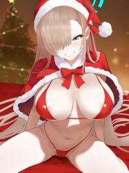 1girl alternate_costume areola_slip asuna_(blue_archive) bikini blonde_hair blue_archive blue_eyes breasts breasts_apart cameltoe christmas christmas_tree eyes_visible_through_hair fur_trim grin hair_over_one_eye halo hat large_breasts long_hair looking_at_viewer micro_bikini mole mole_on_breast navel pom_pom_(clothes) red_bikini ryokuchabushi santa_bikini santa_capelet santa_hat sideboob sitting smile solo stomach swimsuit underboob very_long_hair