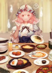 Rule 34 | 1girl, ?, artist logo, blue hat, blue kimono, blue ribbon, blue sash, blurry, blurry background, blush, bowl, chopsticks, commentary request, eating, food, fork, frills, ghost, glass, hat, highres, hitodama, holding, holding fork, japanese clothes, kimono, long sleeves, looking at viewer, mob cap, mochacot, pink eyes, pink hair, pizza, pizza cutter, plate, ribbon, saigyouji yuyuko, saizeriya, sash, short hair, sitting, solo, spoken question mark, table, touhou, triangular headpiece, veil, wooden table