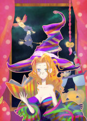 Rule 34 | 1girl, 3boys, alternate hairstyle, bare shoulders, bellpull, blanket, blue eyes, book, bottle, bowl, breasts, broom, broom riding, candy, canopus wolph, cleavage, curtains, deneb rove, dress, facing viewer, flying, food, glasses, grey hair, hat, highres, holding, holding above head, holding book, jack-o&#039;-lantern, large breasts, long hair, messy hair, microdress, multiple boys, night, night sky, open book, orange hair, oversized hat, pants, polka dot, pumpkin, pumpkinhead (ogre battle), purple dress, purple hat, reading, red hair, robe, sky, strapless, strapless dress, striped, tactics ogre, tray, upper body, waichi, warren moons, window, wine bottle, wings, witch, witch hat