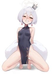 Rule 34 | bare shoulders, barefoot, black dress, blush, bob cut, breasts, china dress, chinese clothes, commission, covered navel, crown, dot nose, dress, earrings, glasses, highres, jewelry, looking at viewer, mini crown, narrowed eyes, navel, parted bangs, pelvic curtain, prism virtual, ribs, semi-rimless eyewear, simple background, skeb commission, small breasts, smile, squatting, suzuya (maru), teeth, toes, virtual youtuber, white background, white hair, yellow eyes, zalozz