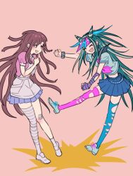 Rule 34 | 2girls, :d, absurdres, apron, bandaged leg, bandages, bandaid, bandaid on knee, bandaid on leg, black hair, blue hair, blush, brown hair, clenched hands, closed eyes, danganronpa (series), danganronpa 2: goodbye despair, ear piercing, hair horns, hands up, happy, highres, jewelry, long hair, miniskirt, mioda ibuki, multicolored hair, multiple girls, open mouth, own hands together, piercing, pink background, pink hair, pink shirt, pleated skirt, puffy short sleeves, puffy sleeves, school uniform, scrunchie, serafuku, shirt, shoes, short sleeves, skirt, smile, thighhighs, torn clothes, torn thighhighs, tsumiki mikan, white apron, white hair, wrist scrunchie, youko-shima
