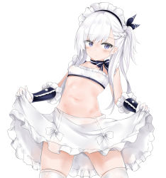 Rule 34 | 1girl, :&lt;, absurdres, aged down, alternate costume, azur lane, belfast (azur lane), blue eyes, blush, braid, breasts, chain, cleavage, closed mouth, clothes lift, collar, collarbone, dress, french braid, frills, gloves, hair ribbon, heart, heart-shaped pupils, highres, lifted by self, long hair, looking at viewer, maid, maid headdress, navel, ribbon, ru zhai, sidelocks, simple background, skindentation, skirt, skirt lift, small breasts, solo, stomach, symbol-shaped pupils, thighs, white background, white gloves, white hair, white skirt
