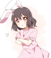 Rule 34 | 1girl, :&gt;, puff of air, animal ears, blush, breasts, brown hair, carrot necklace, closed mouth, cowboy shot, crossed arms, dress, frills, hair between eyes, inaba tewi, looking at viewer, medium hair, necklace, pink dress, puffy short sleeves, puffy sleeves, rabbit ears, red eyes, sasaki sakiko, short sleeves, simple background, small breasts, smile, solo, touhou, v-shaped eyebrows, white background
