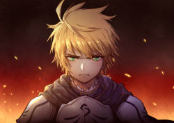 Rule 34 | 1boy, angry, armor, arsh (thestarwish), arthur pendragon (fate), blonde hair, blue scarf, brown background, closed mouth, fate/grand order, fate (series), frown, gradient background, green eyes, highres, looking at viewer, male focus, orange background, red background, scarf, short hair, shoulder plates, solo, upper body
