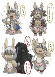 Rule 34 | 1boy, 1other, :3, absurdres, animal hands, blue pants, bondrewd, furry, green eyes, grey hair, hand up, helmet, highres, horizontal pupils, horns, long hair, made in abyss, megame (okbnkn), nanachi (made in abyss), open mouth, pants, puffy pants, sidelocks, simple background, topless, translation request, white background