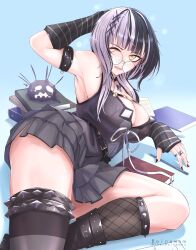 Rule 34 | 1girl, absurdres, black choker, black dress, black hair, black nails, blush, book, breasts, choker, cleavage, dress, glasses, grey hair, hair ornament, highres, hololive, hololive english, large breasts, long hair, looking at viewer, lying, multicolored hair, on side, one eye closed, open mouth, shiori novella, shiori novella (1st costume), solo, split-color hair, sweat, the raineman, two-tone hair, virtual youtuber, yellow eyes, yorick (shiori novella)