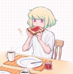 Rule 34 | 1boy, blonde hair, bread slice, butter knife, chair, coffee, coffee mug, commentary, cup, earrings, eating, food, grid background, highres, holding, holding food, jam, jewelry, kome 1022, lio fotia, male focus, mug, on chair, placemat, plate, promare, purple eyes, shirt, short hair, solo, steam, symbol-only commentary, toast, trap, triangle earrings, white background, white shirt