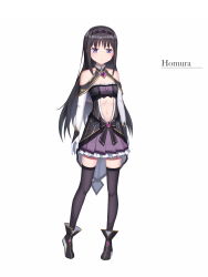 Rule 34 | 1girl, akemi homura, alternate costume, ankle boots, argyle, arms at sides, bare shoulders, black bow, black footwear, black hair, black thighhighs, blush, boots, bow, brooh, character name, closed mouth, clothing cutout, collarbone, du mogu, elbow gloves, expressionless, frilled skirt, frills, full body, gem, gloves, hairband, highres, legs apart, long hair, looking at viewer, mahou shoujo madoka magica, mahou shoujo madoka magica (anime), navel, navel cutout, pleated skirt, purple eyes, purple gemstone, purple skirt, sidelocks, simple background, skirt, solo, standing, straight hair, thighhighs, two-tone hairband, very long hair, white background, white gloves, zettai ryouiki